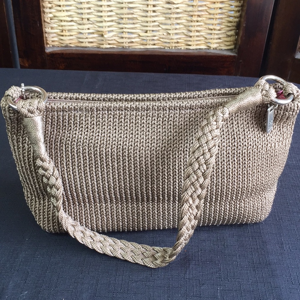Lina Purse Bag Tan Pink Floral Lining Braided Strap Small - Picture 2 of 5